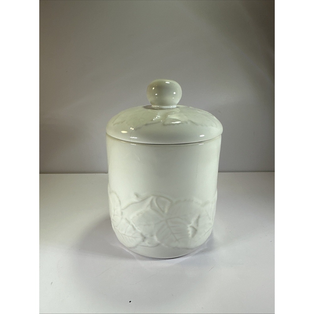 Pier 1 Imports ✨Celadon Embossed Leaf Pattern‎ Canister 5.25" ✨Made in Portugal✨